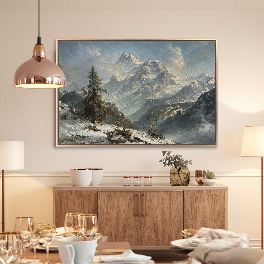 Framed Wall Art: Majestic mountain landscape Canvas Print in cool blue and white tones. Elevate your space with this stunning artwork!