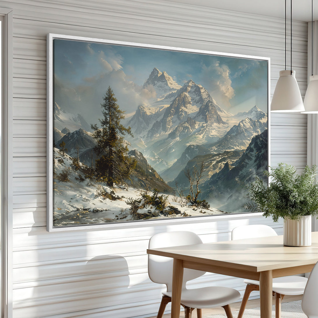 Framed Wall Art: Majestic mountain landscape Canvas Print in cool blues & greens. Elevate your space with this stunning artwork. Perfect for any room!