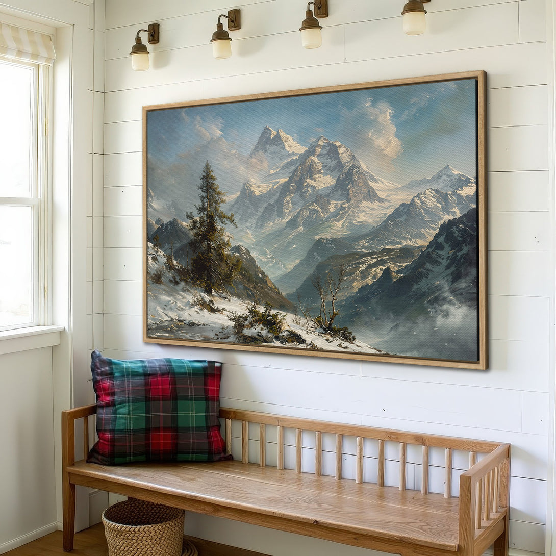 Framed Wall Art: Majestic mountain landscape canvas print in cool blues and greens, perfect for adding a touch of nature to your home decor.