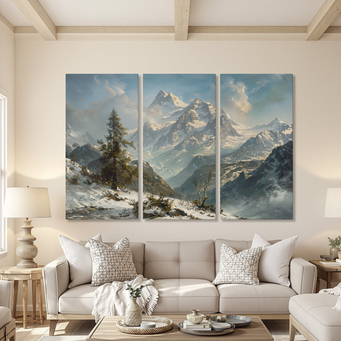 Canvas Print of a majestic mountain landscape in cool blue and white tones, perfect for adding a touch of serenity to your home.