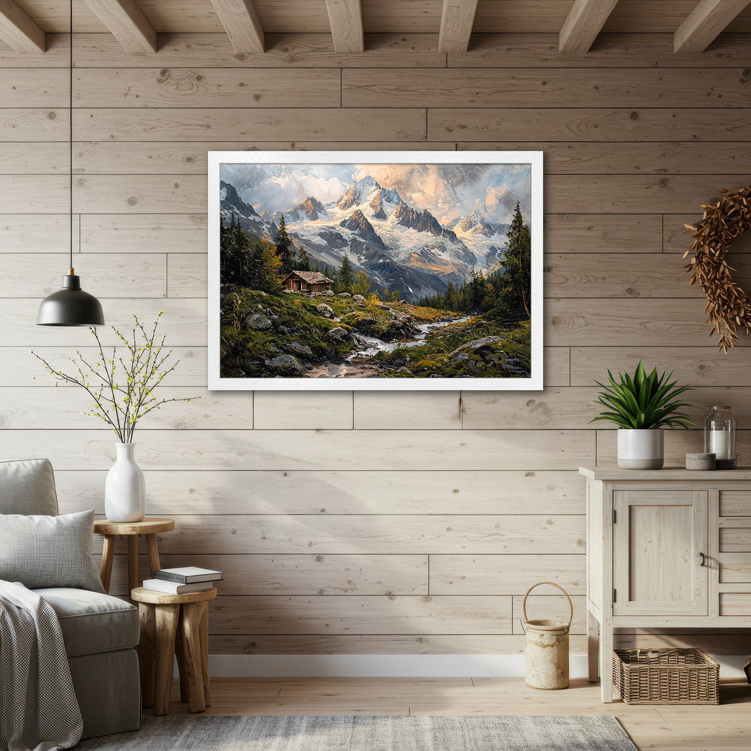 Framed Poster of a mountain landscape painting, featuring a cabin and river. Rustic style with a natural color palette. Perfect wall art!