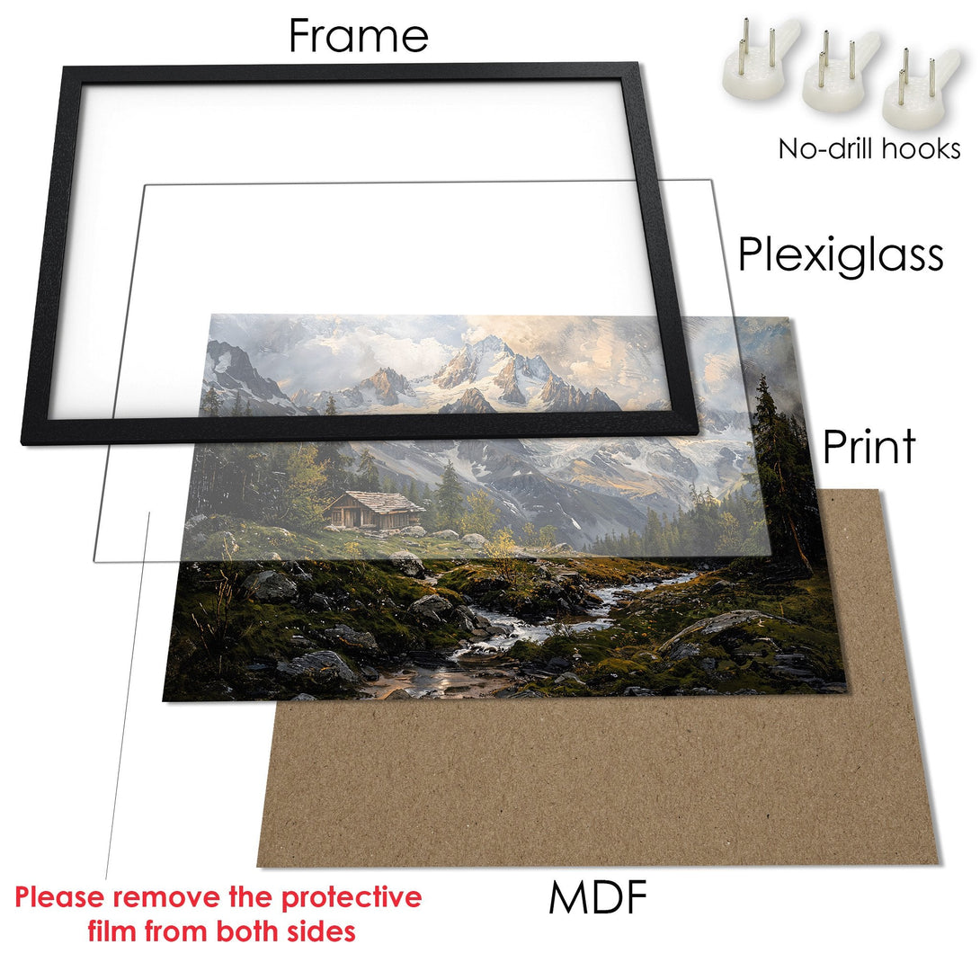 Framed Poster of a mountain landscape in a natural style with green, brown, and white tones. Ready to hang and add a touch of nature!