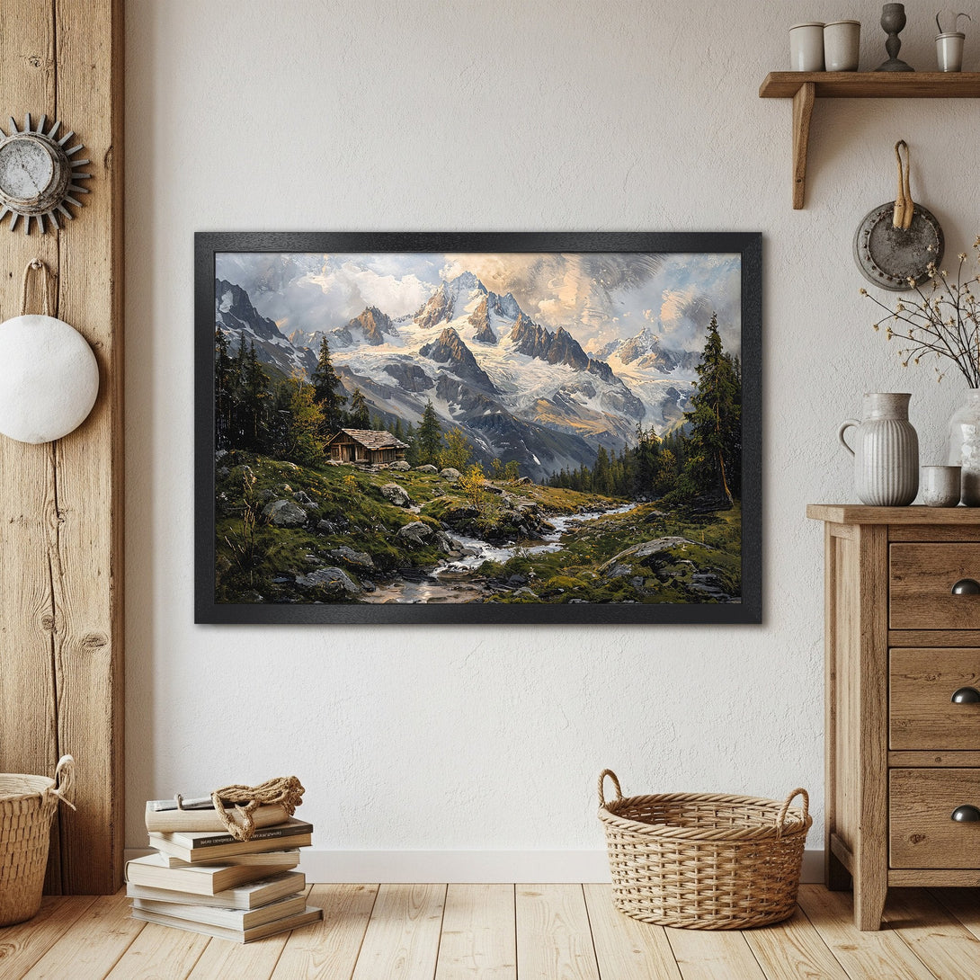 Framed Poster of a mountain landscape painting. Rustic style with a natural, earthy color palette. Perfect wall art.