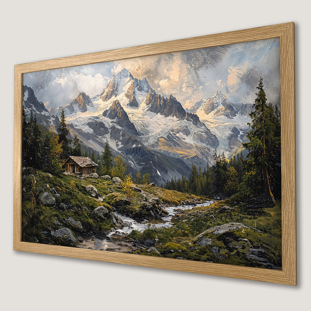 Framed Poster of a mountain landscape painting in a natural style with green, brown, and blue hues.