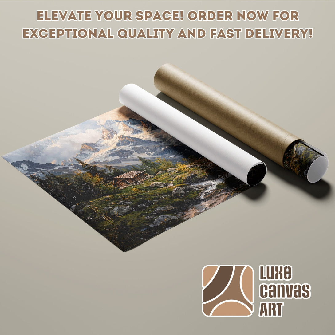 Poster Roll featuring a mountain landscape painting, with a natural color palette.