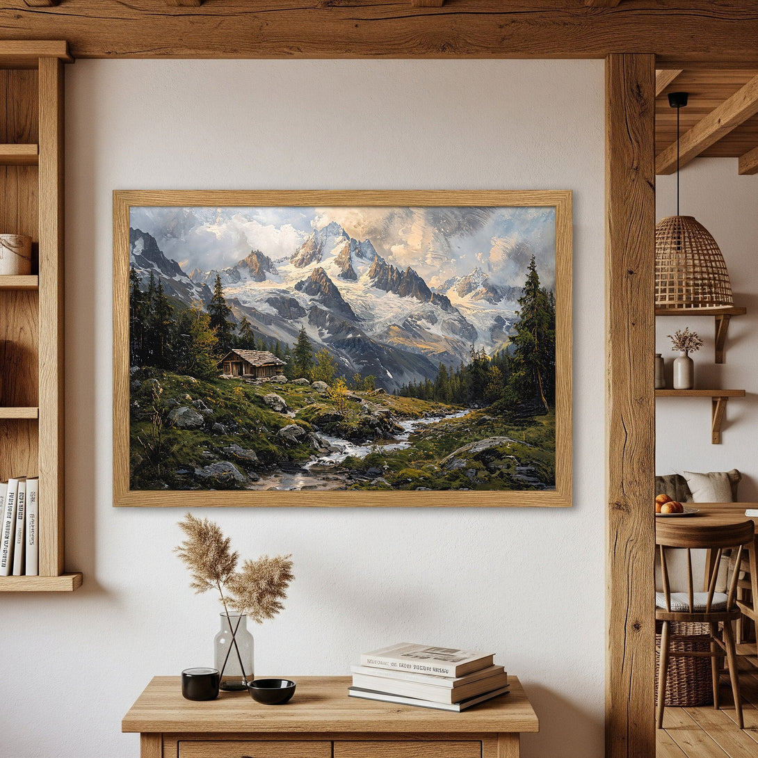 Framed Poster of a mountain landscape painting, rustic style, with a natural color palette. Perfect wall decor.