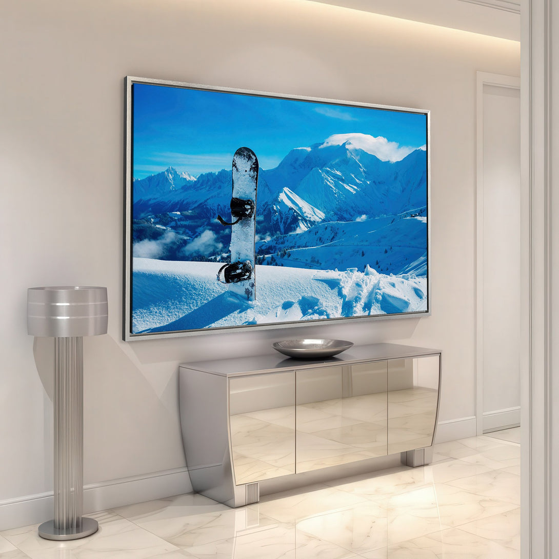 Framed Wall Art: Winter landscape Canvas Print with snowboard, featuring a blue and white color palette, perfect for modern home decor.