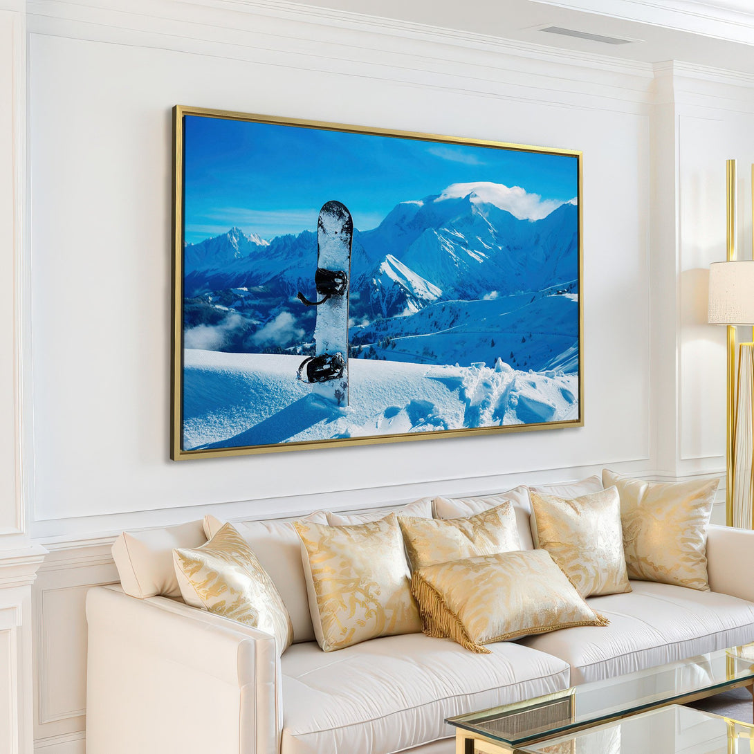Canvas Print of a snowboard in a snowy mountain landscape, blue and white color palette, perfect for modern wall decor.