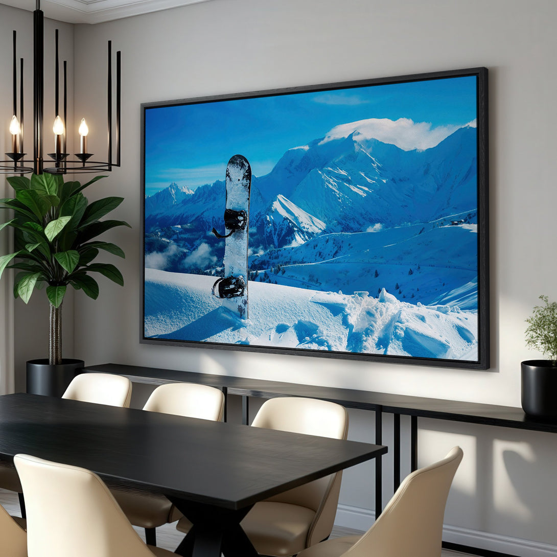 Framed Wall Art of a snowboard in a snowy mountain landscape. Blue and white color palette. Modern mountain decor for your home.