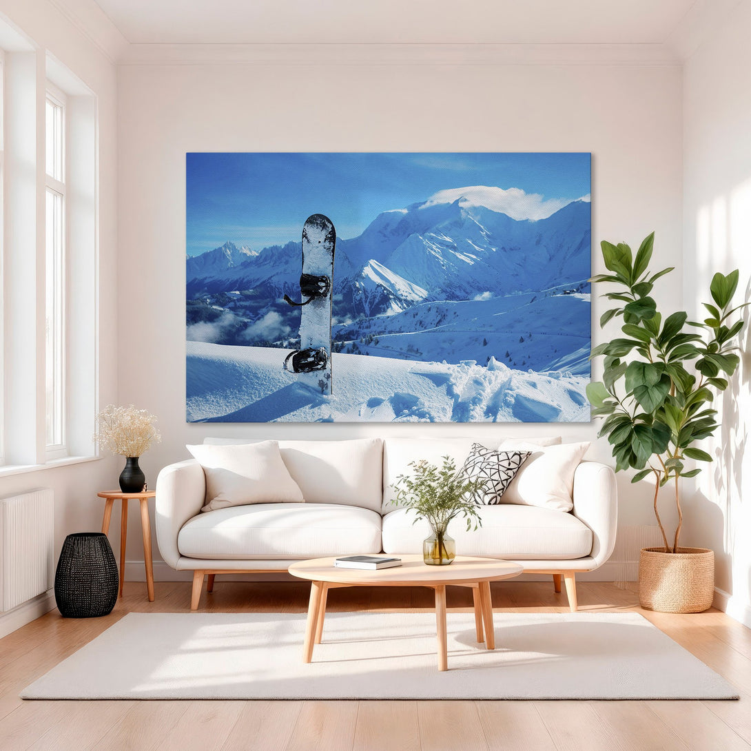 Framed Wall Art of a snowboard in snowy mountains, blue and white palette, modern interior decor.