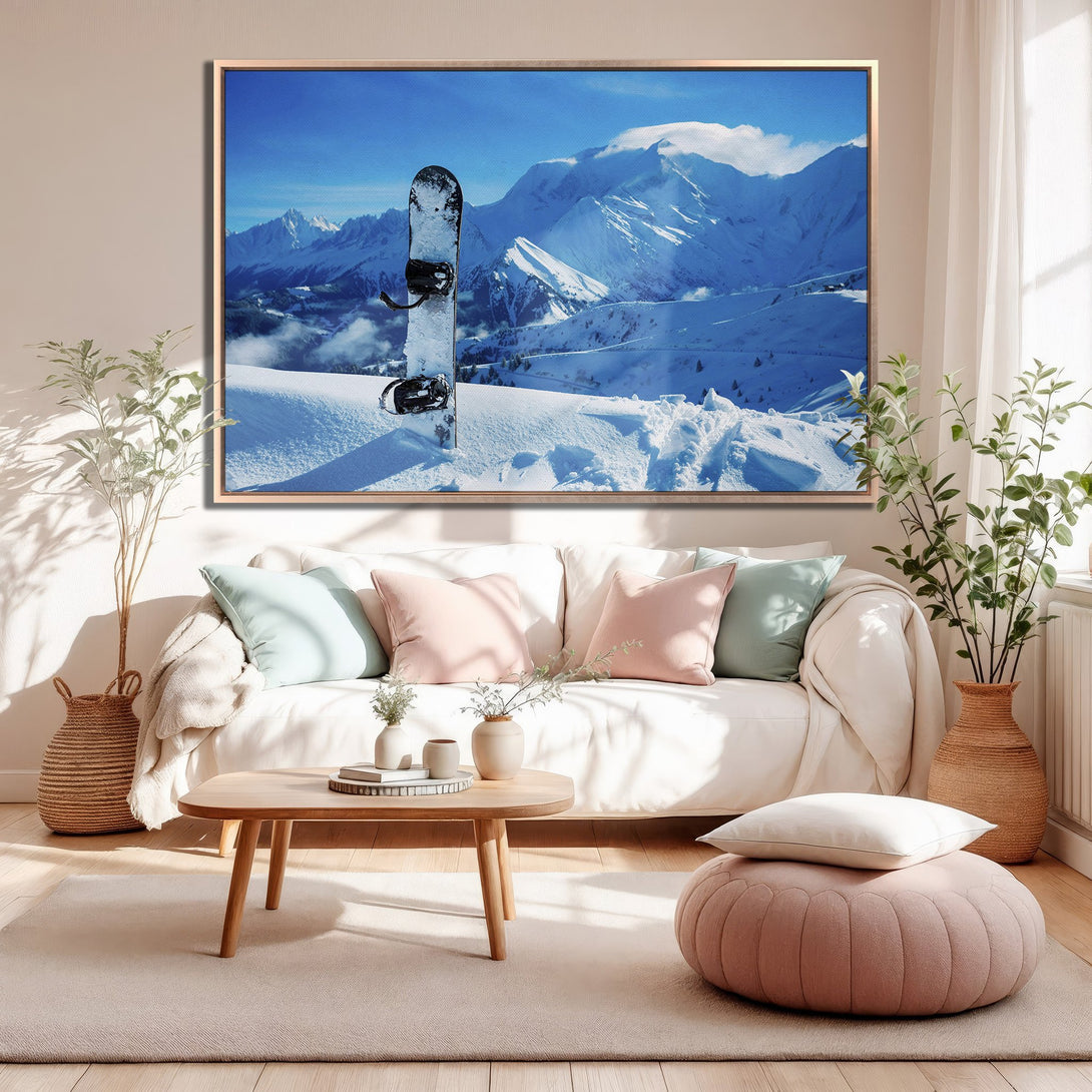 Framed Wall Art: Snowy mountain landscape with snowboard, blue and white color palette. Perfect for modern living room decor.