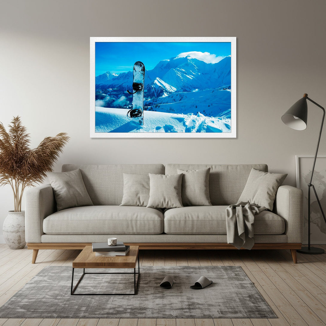 Framed Poster featuring a snowboard on a snowy mountain landscape, blue and white color palette, perfect wall art.