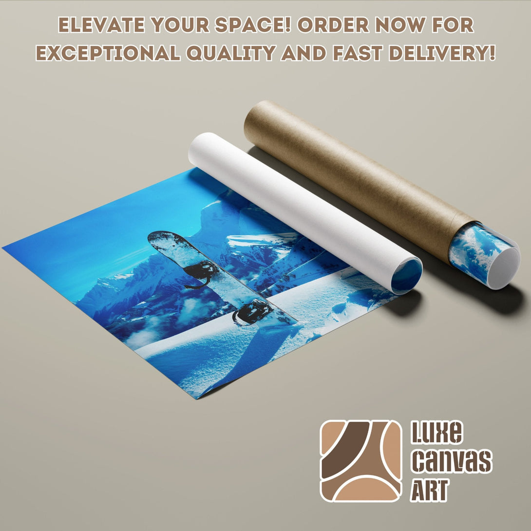 Poster Roll featuring a snowboarder in a snowy mountain landscape, blue and white color palette. Order yours today!