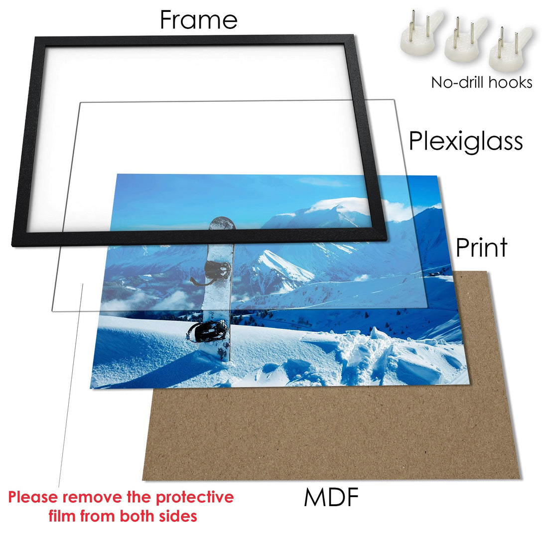 Framed Poster of a snowy mountain scene. Cool blue and white color palette. Perfect wall art for your home!
