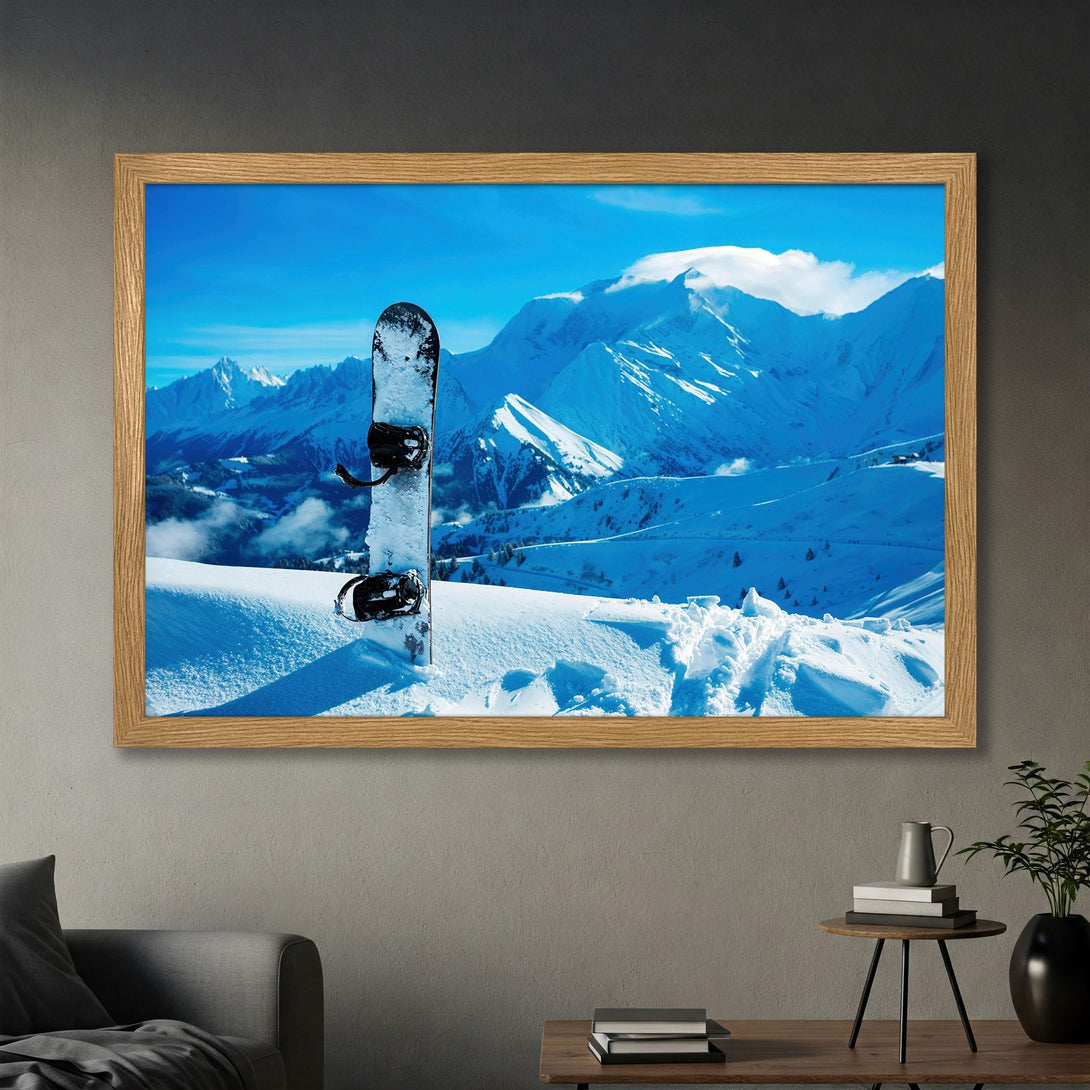 Framed Poster featuring a snowboard in a snowy mountain landscape with a blue and white color palette. Perfect for winter decor!