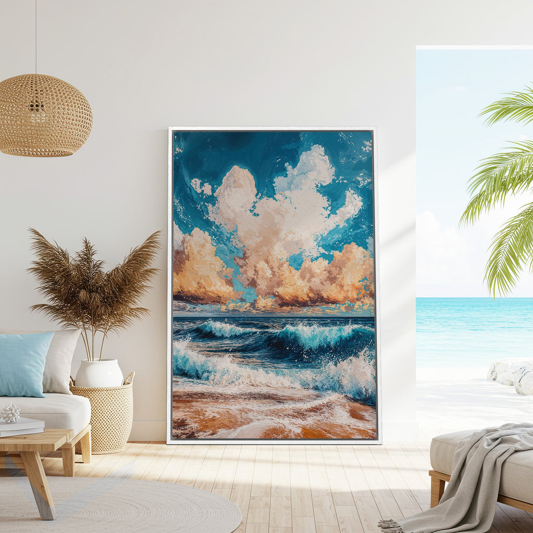 Framed Wall Art: Coastal painting featuring ocean waves and dramatic clouds in a blue, beige, and teal color palette. Perfect for beach house decor.