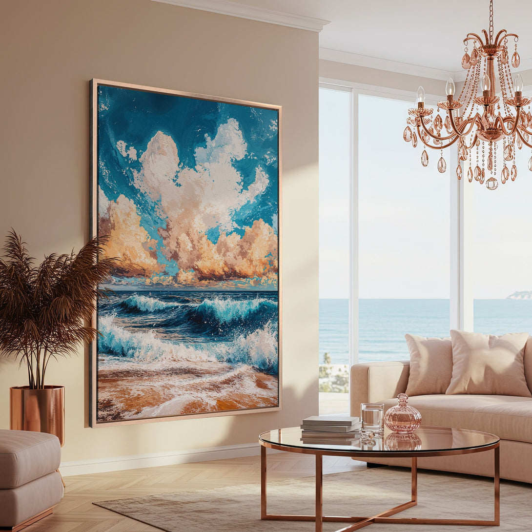 Framed Wall Art: Coastal seascape Canvas Print in blue, gold, and white. Perfect for adding a touch of serenity to your home decor.
