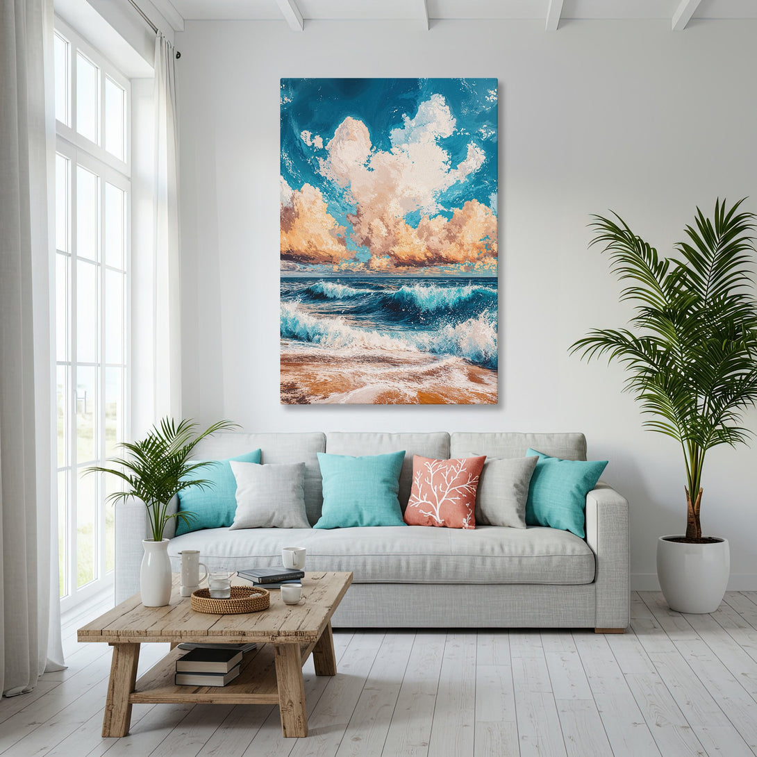 Framed Wall Art: Coastal scene canvas print in blue, gold, and beige. Modern ocean waves artwork adds a touch of serenity to any room.