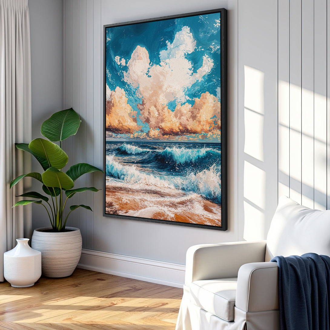 Framed Wall Art: Ocean waves canvas print in blue and orange hues. Coastal art in a modern interior. Enhance your home decor with this beautiful artwork.