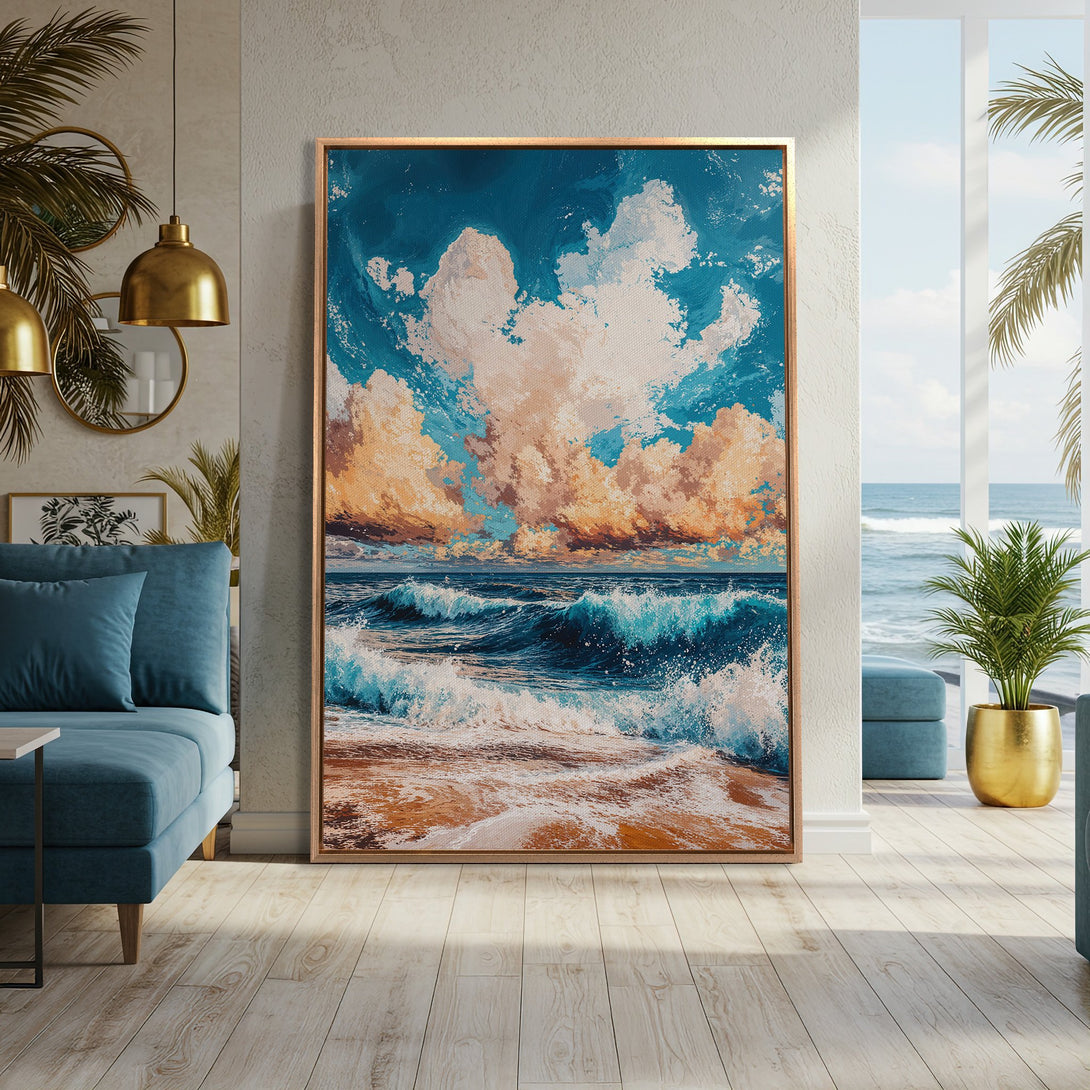 Framed Wall Art: Ocean waves canvas print in a coastal style, featuring a vibrant blue and gold color palette, perfect for adding a touch of serenity to your home.