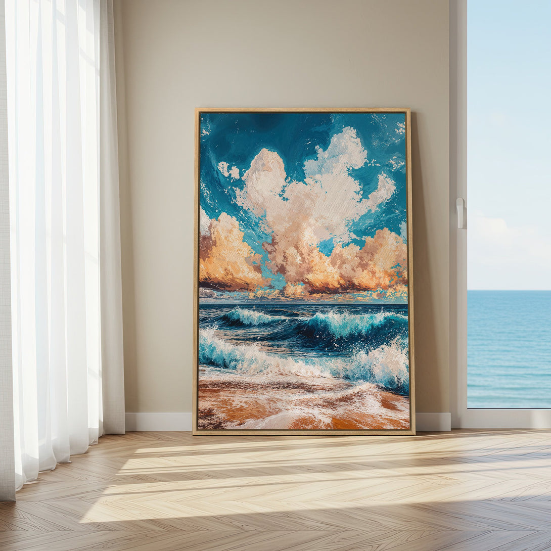 Framed Wall Art: Coastal scene Canvas Print with vibrant blues, oranges, and whites. Modern art style, perfect for adding a touch of serenity to any space.