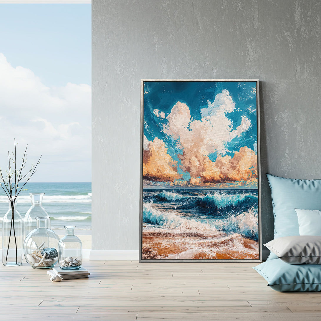 Framed Wall Art: Coastal scene Canvas Print with vibrant blues, oranges, and whites. Perfect ocean view art for a serene home.