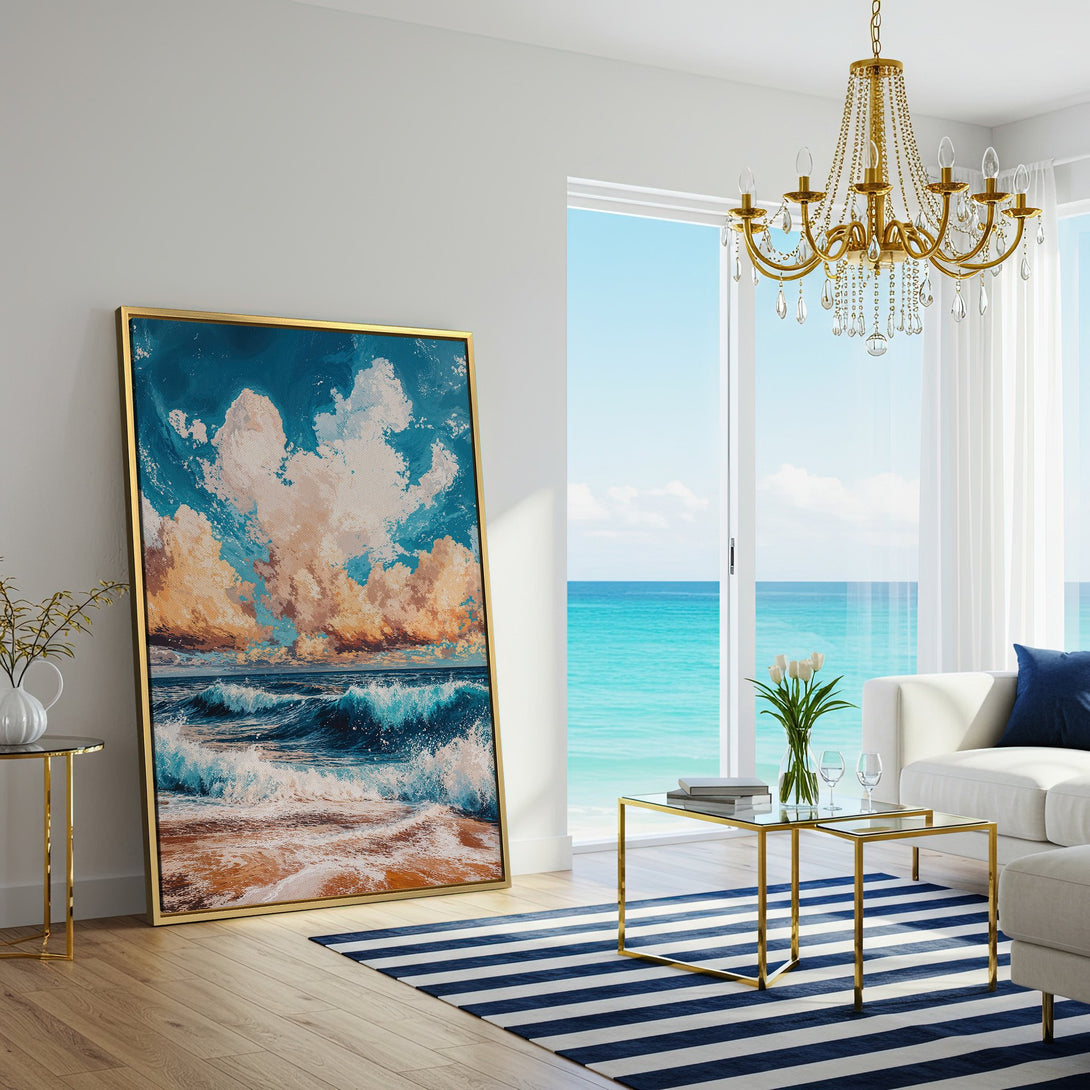 Canvas Print of a beach scene with blue and gold hues, displayed in a modern living room. Coastal art for a serene home.