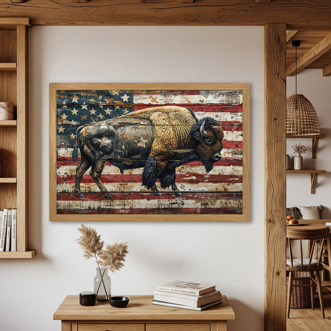 Framed Poster featuring a bison over an American flag, rustic style, warm color palette. Perfect wall art!
