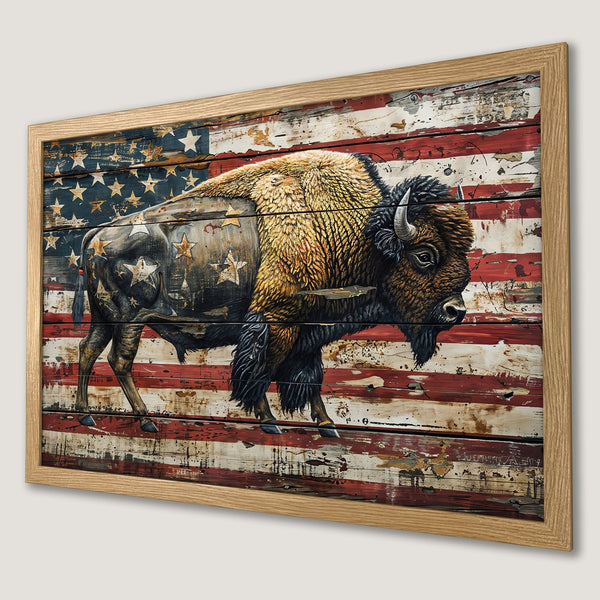Framed Poster featuring a bison with an American flag design, rustic style, red, white, blue, and brown color palette.