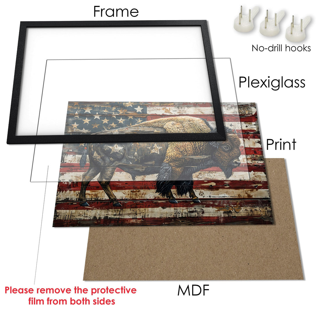 Framed Poster featuring a bison against an American flag backdrop. Rustic style with red, white, and blue color palette. Perfect wall art!