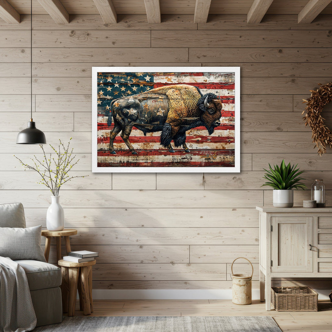 Framed Poster featuring a bison over an American flag, rustic style, with a red, blue, and brown color palette. Perfect wall art!