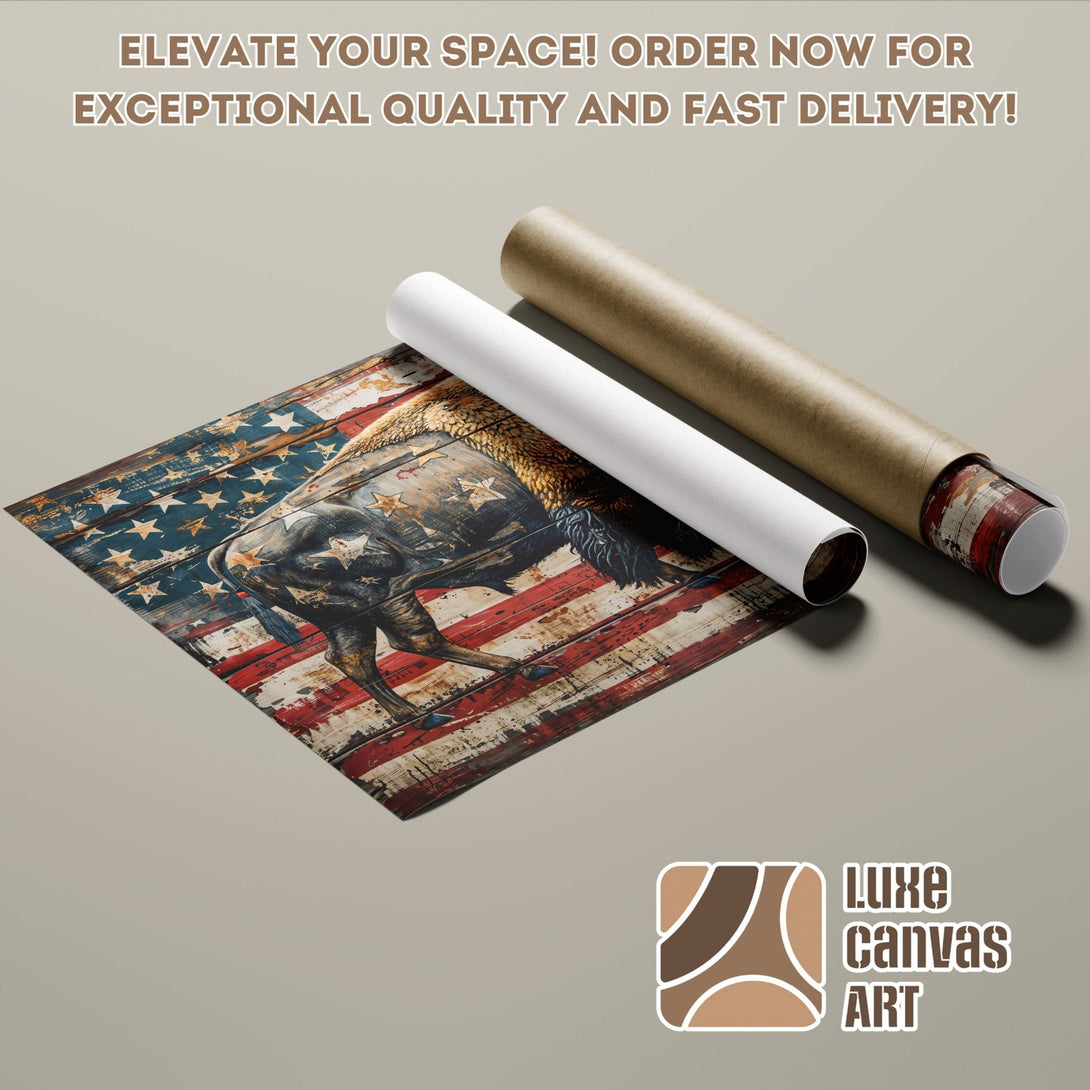 Poster Roll featuring a bison and American flag, rustic style, red, blue, and brown color palette.