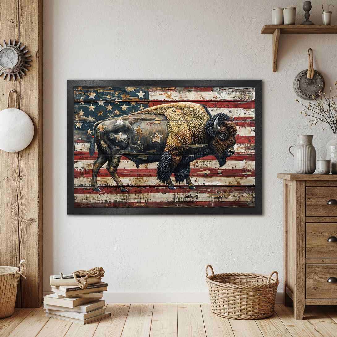 Framed Poster featuring a bison over an American flag. Rustic style with red, blue, and gold color palette. Perfect wall art!