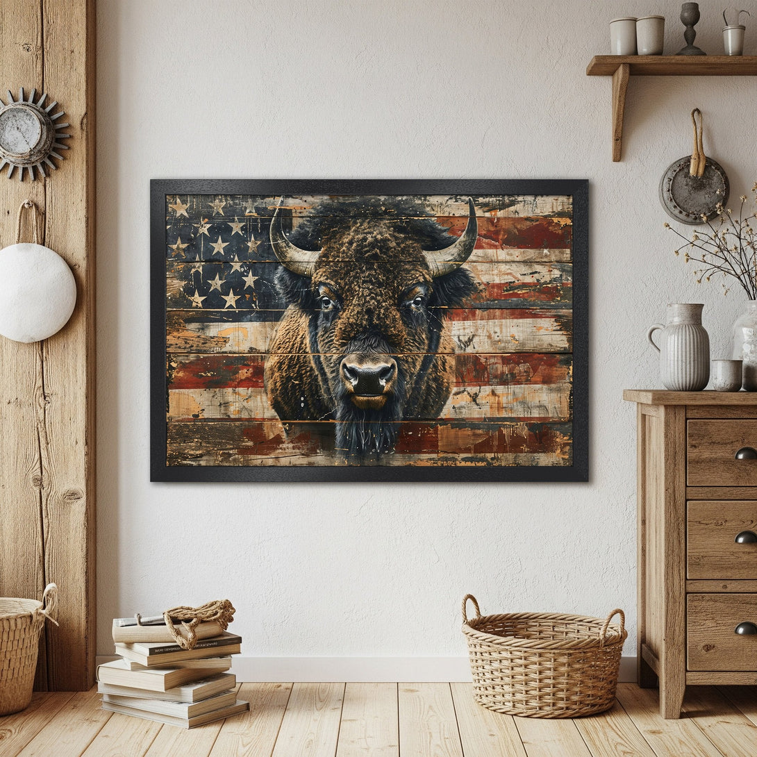 Framed Poster featuring a bison against an American flag background. Rustic style, warm brown, red, and blue color palette. Perfect wall art.