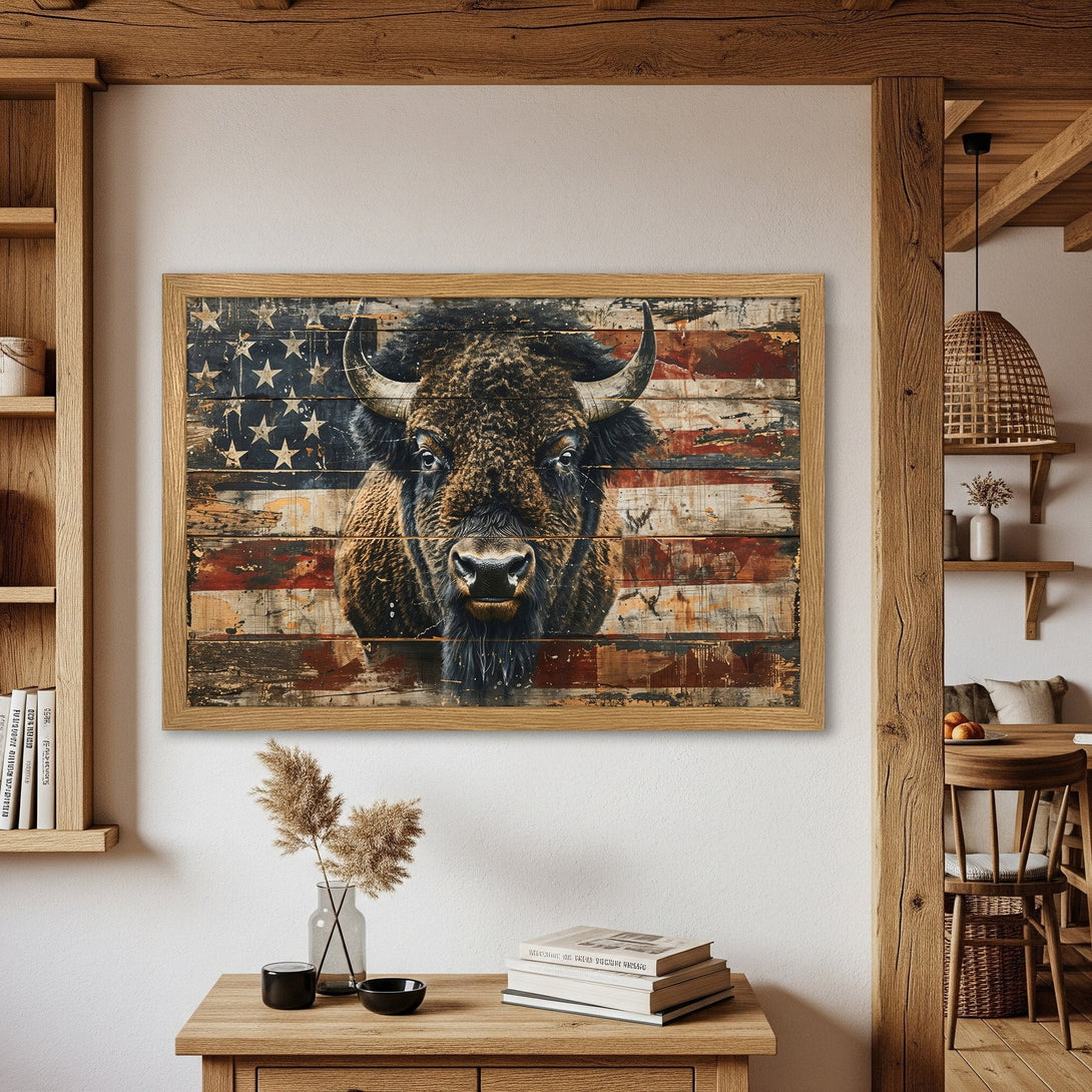 Framed Poster featuring a bison against an American flag backdrop. Rustic style with a warm, earthy color palette. Add a touch of Americana to your space!