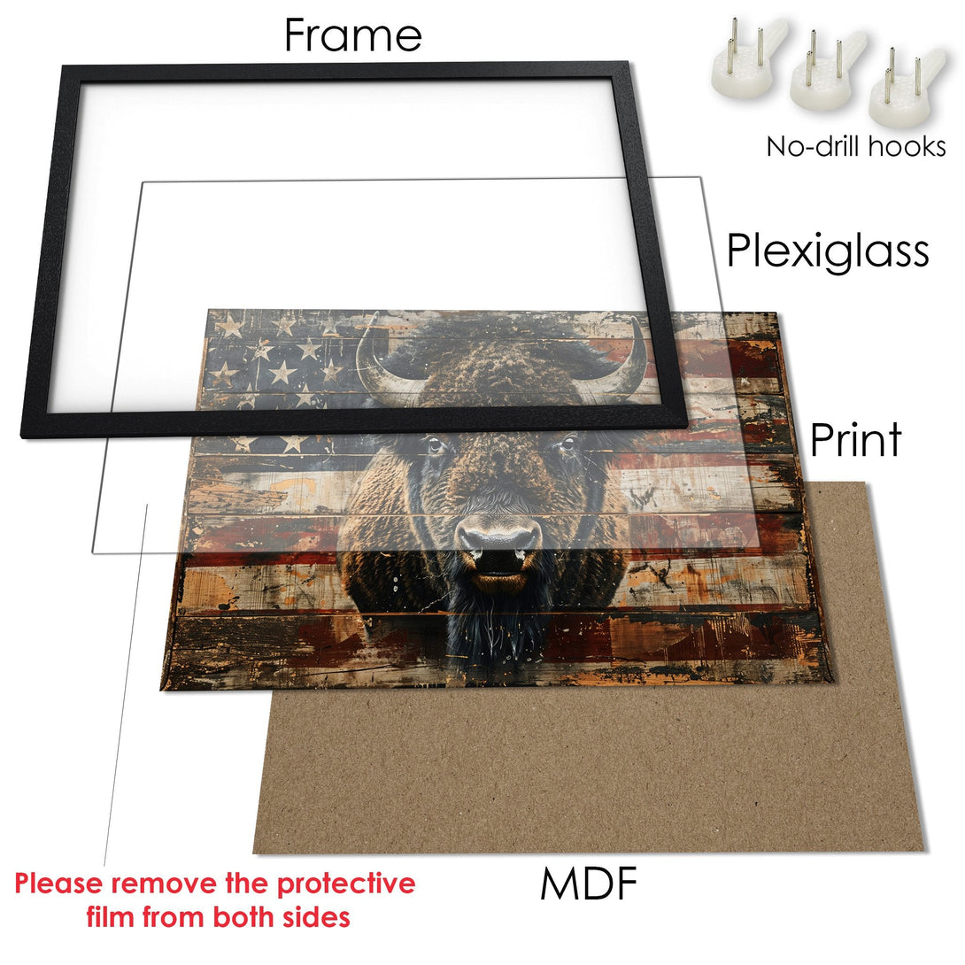 Framed Poster featuring a bison against an American flag backdrop. Rustic style with a brown, black, and red color palette. Perfect wall art!