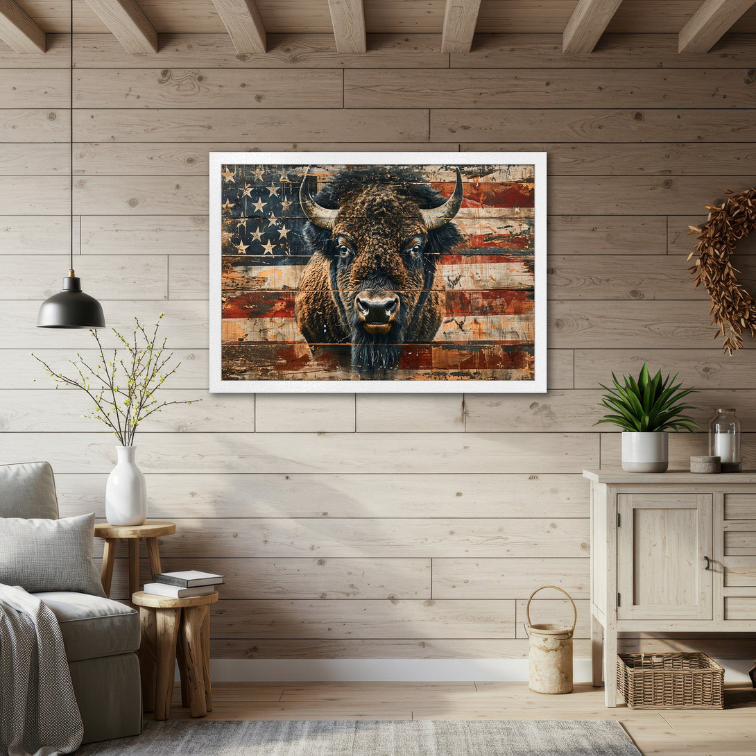 Framed Poster featuring a bison against an American flag backdrop. Rustic style, warm color palette. Perfect for home decor.