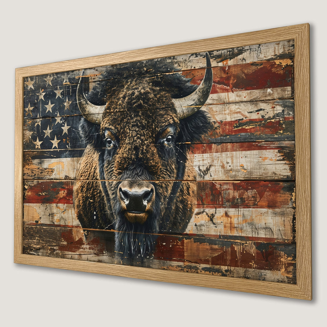 Framed Poster featuring a bison with American flag background, rustic style, and warm color palette. Perfect wall art!
