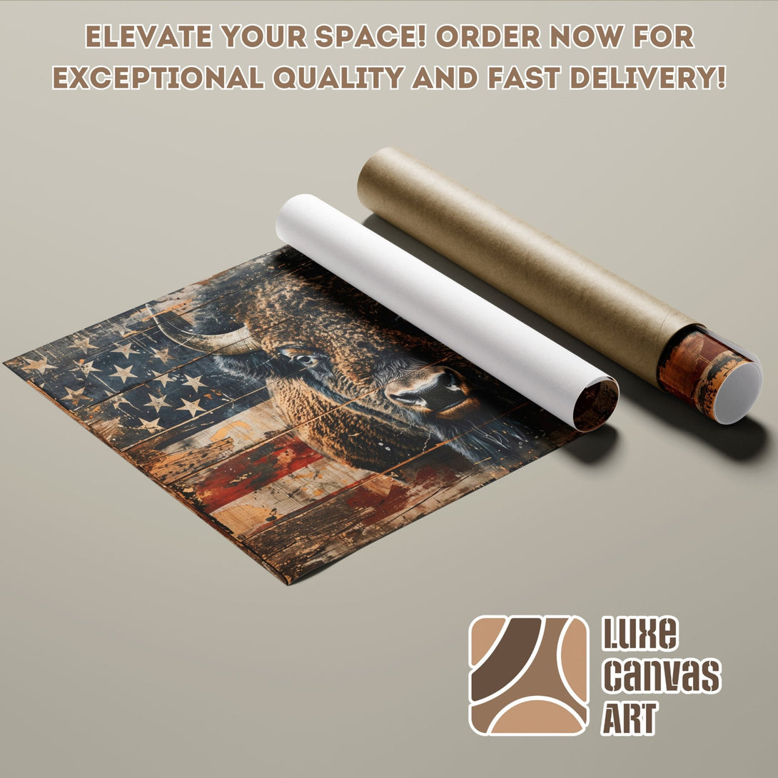 Rustic American flag poster roll with bison. Earthy tones, vintage style. Order your Poster today!