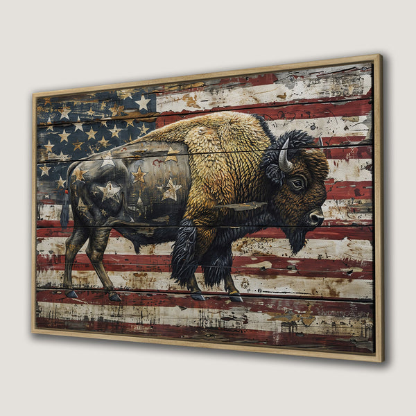 Framed Wall Art: Rustic bison art on a distressed American flag background. Earthy tones with a patriotic, vintage style. Perfect for your home decor!