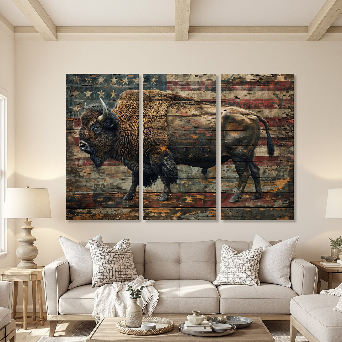 Canvas Print of a majestic bison with an American flag design, rustic style, warm brown and red tones. Perfect for farmhouse decor.