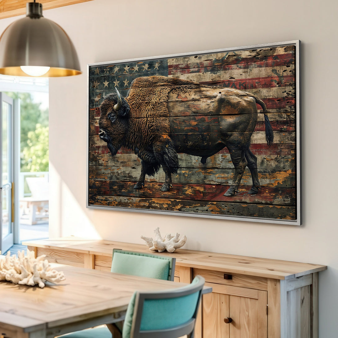Framed Wall Art: Rustic bison art with American flag background. Earthy tones of brown, red, and blue. Perfect for farmhouse or rustic decor.