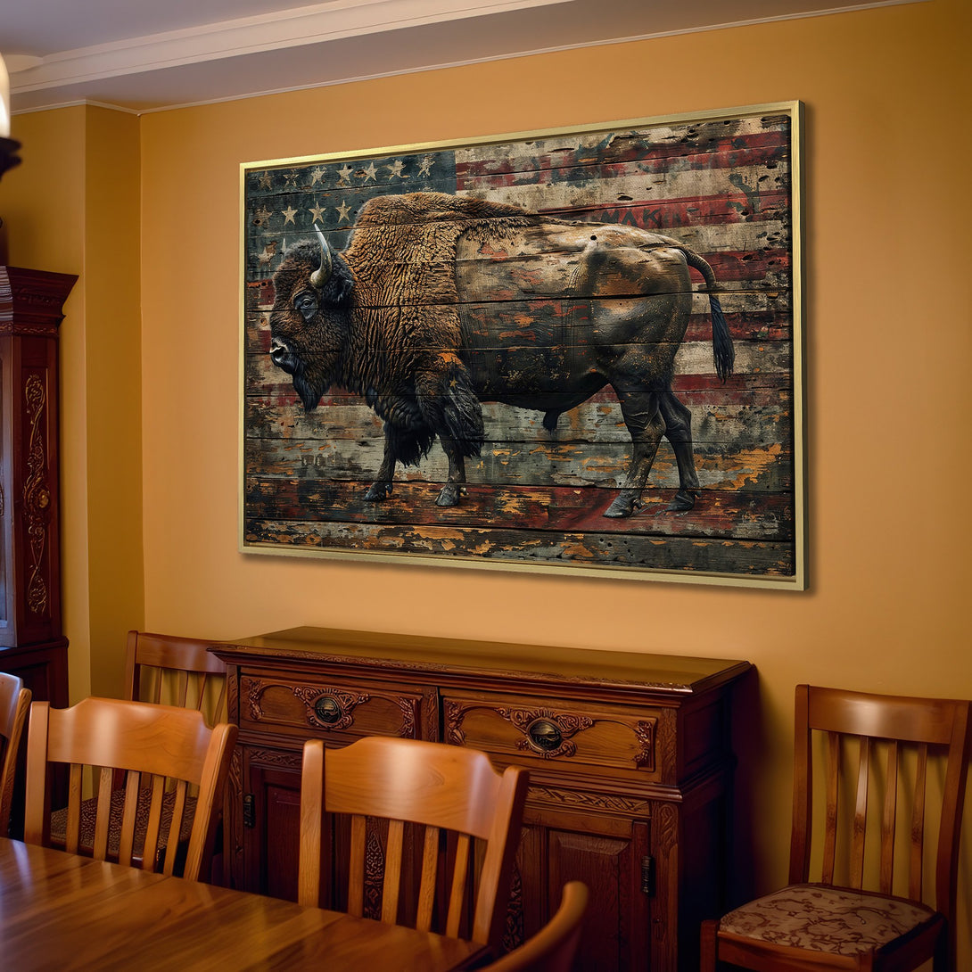 Canvas Print of a bison with an American flag background. Rustic style with warm, earthy tones. Perfect for adding a touch of Americana to your home.