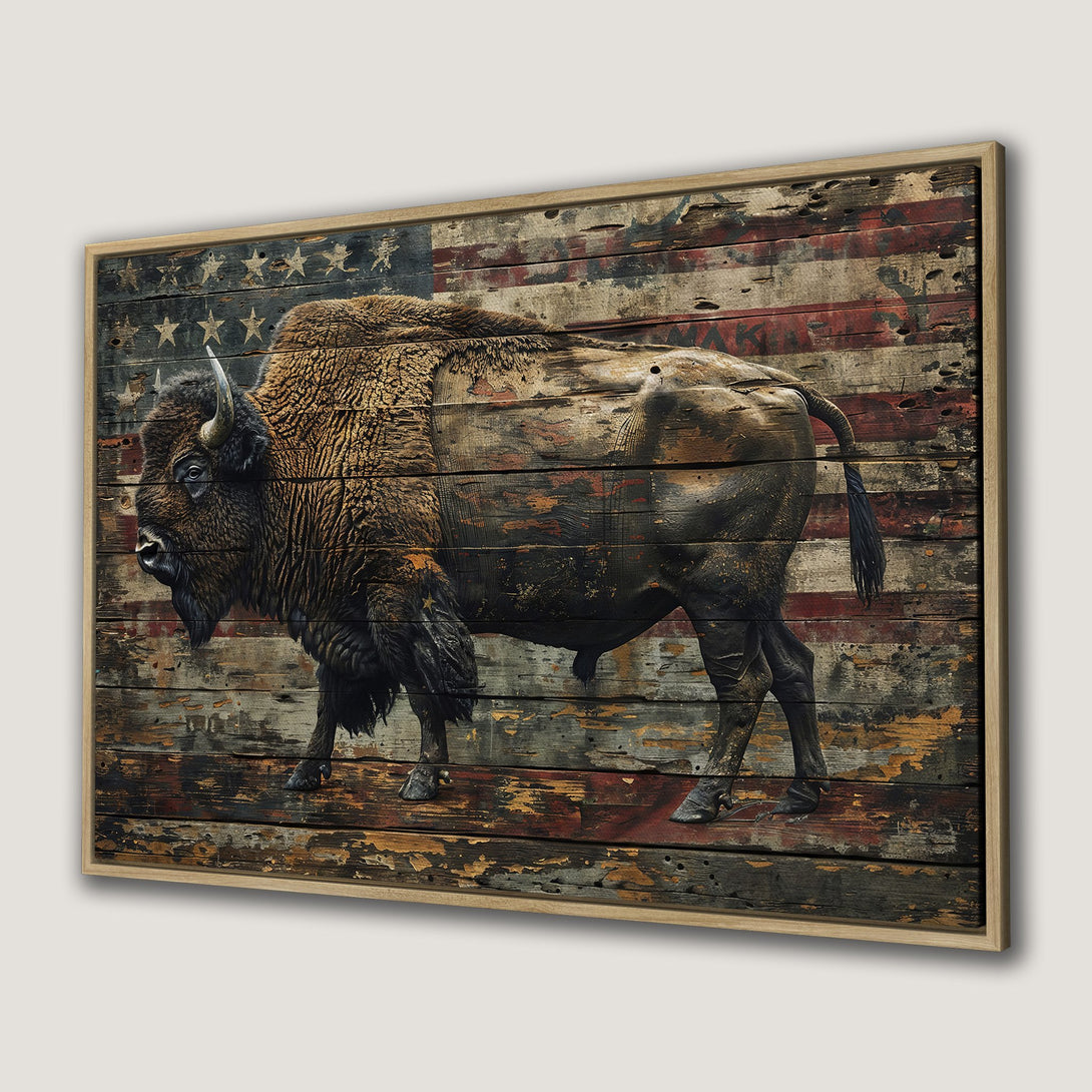 Framed Wall Art: Rustic bison print with American flag backdrop. Earthy tones and distressed wood style. Perfect for adding a touch of Americana to your home.