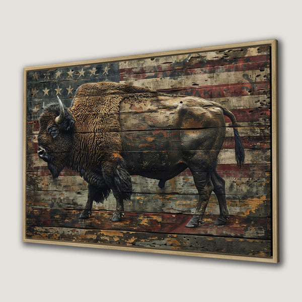 Framed Wall Art: Rustic bison print with American flag backdrop. Earthy tones and distressed wood style. Perfect for adding a touch of Americana to your home.