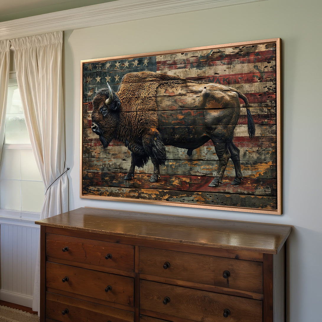 Framed Wall Art: Bison on American flag wood. Rustic style, warm brown, red, and blue tones. Perfect for your home decor.