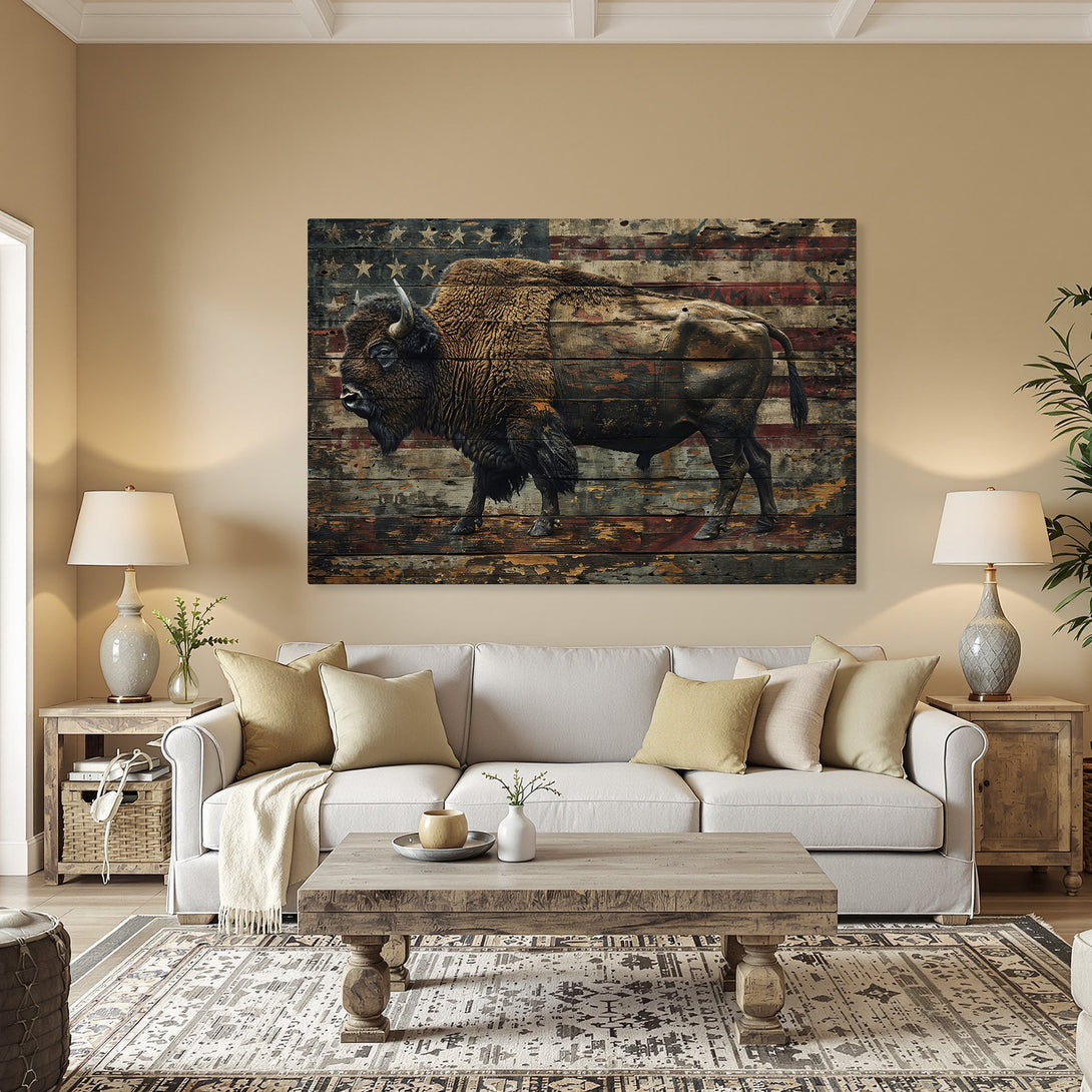 Framed Wall Art: Rustic bison art with American flag background. Earthy tones create a warm, inviting atmosphere. Perfect for adding a touch of Americana to any room.