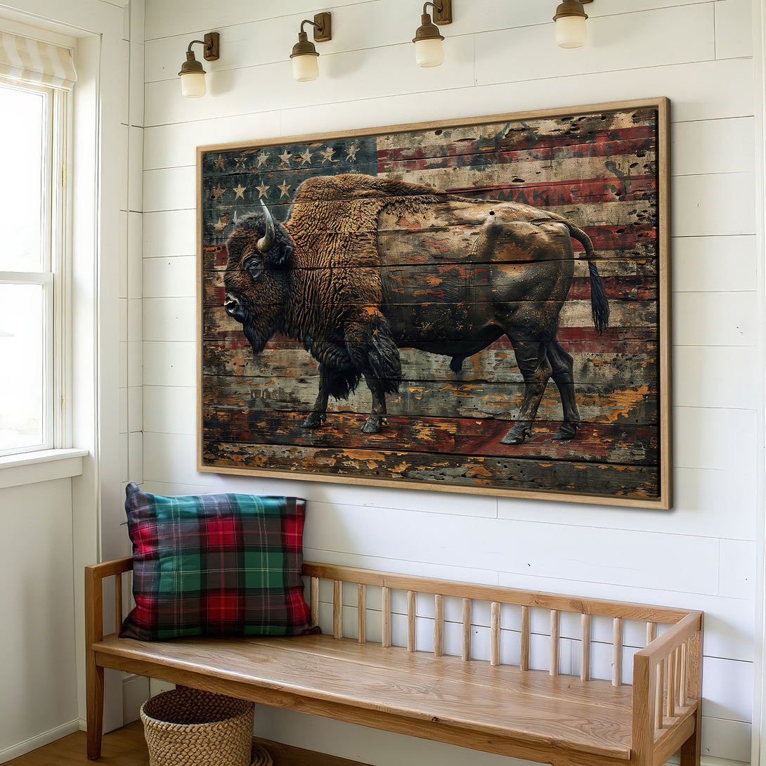 Framed Wall Art featuring a majestic bison against a distressed American flag backdrop. Rustic style with warm browns, reds, and blues. Perfect for farmhouse decor!