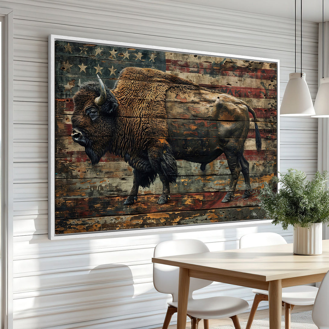 Framed Wall Art: Majestic bison canvas print in rustic style with American flag elements. Earthy tones create a striking focal point for any room.
