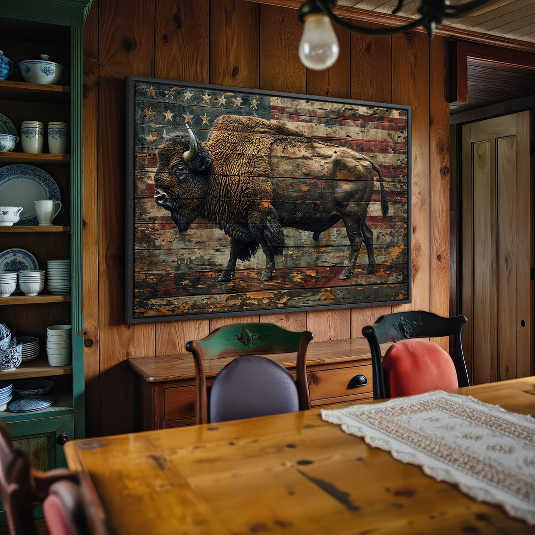 Framed Wall Art: Rustic bison canvas print in a warm, inviting dining room. Features a distressed American flag design with a brown and red color palette.